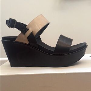 Kork-Ease Black and Tan Wedge Sandals with Leather Straps